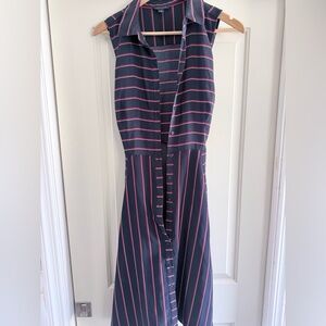 Tommy Hilfiger Navy Dress with Pink Stripes, Button-Front Midi